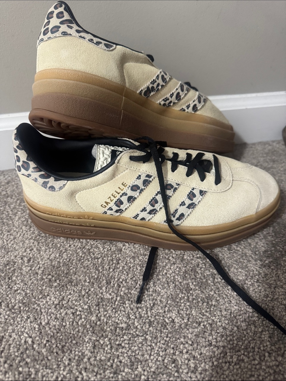 adidas Gazelle Platform Sneakers - Cream with Leopard Accents